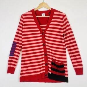 Cabi Red Pink Stripe V-Neck Knit Patch Long Sleeve Cardigan Sweater Womens Small